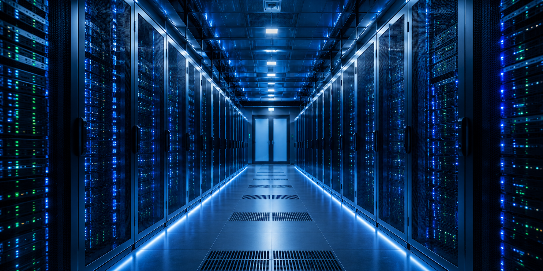 data center room tunnel with neon light glow.